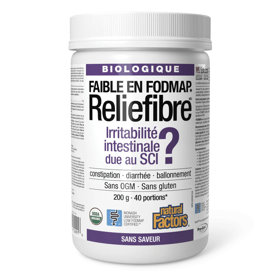 Reliefibre biologique - Faible en FODMAP - Sans saveur - Natural Factors - 200g (poudre)